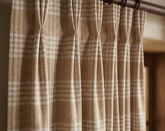 Orange Beige Plaid Pinch Pleat Curtains | Farmhouse Cottage Decor