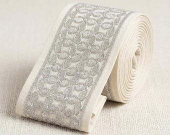 Silver Embroidered Sequin Trim – Beige Geometric Lace Border, by the Yard