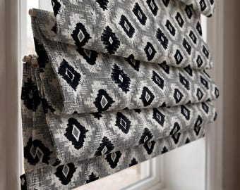 Black and White Abstract Roman Shade, Distressed Geometric Window Blind, Grey Modern Custom Window Treatment for Living Room or Kitchen