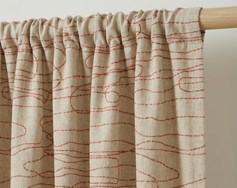 Abstract Line Linen Curtain, Beige Neutral Drapes with Rust Contour Design, Custom Made Modern Window Curtain
