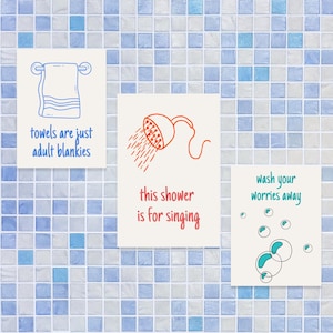Lustige Badezimmer Wand Kunst 3er Set | Druckbare Badezimmer Dekor | Humorvolle Dusch- & Handtuchschilder | PDF Modernes Badezimmer Poster