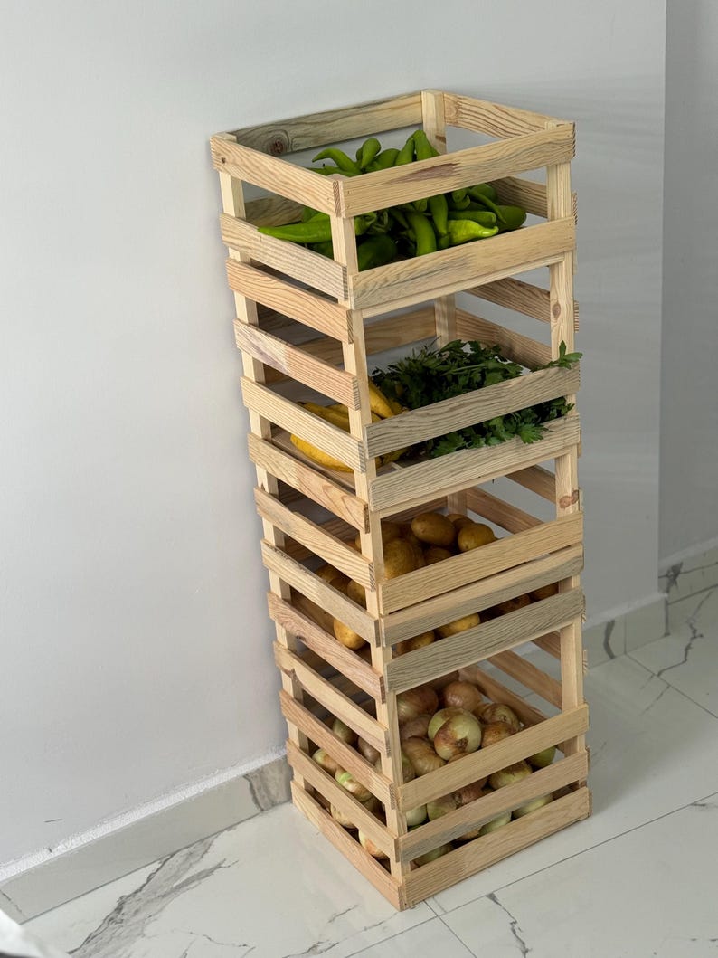 Produce Box Racks Natural Wooden Vegetable Storage Rack – Rustic Kitchen Organizer ...