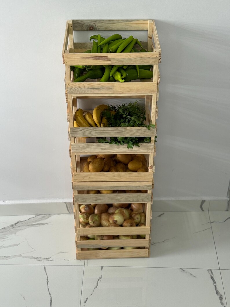 Home Produce Rack Natural Wooden Vegetable Storage Rack – Rustic Kitchen Organizer ...
