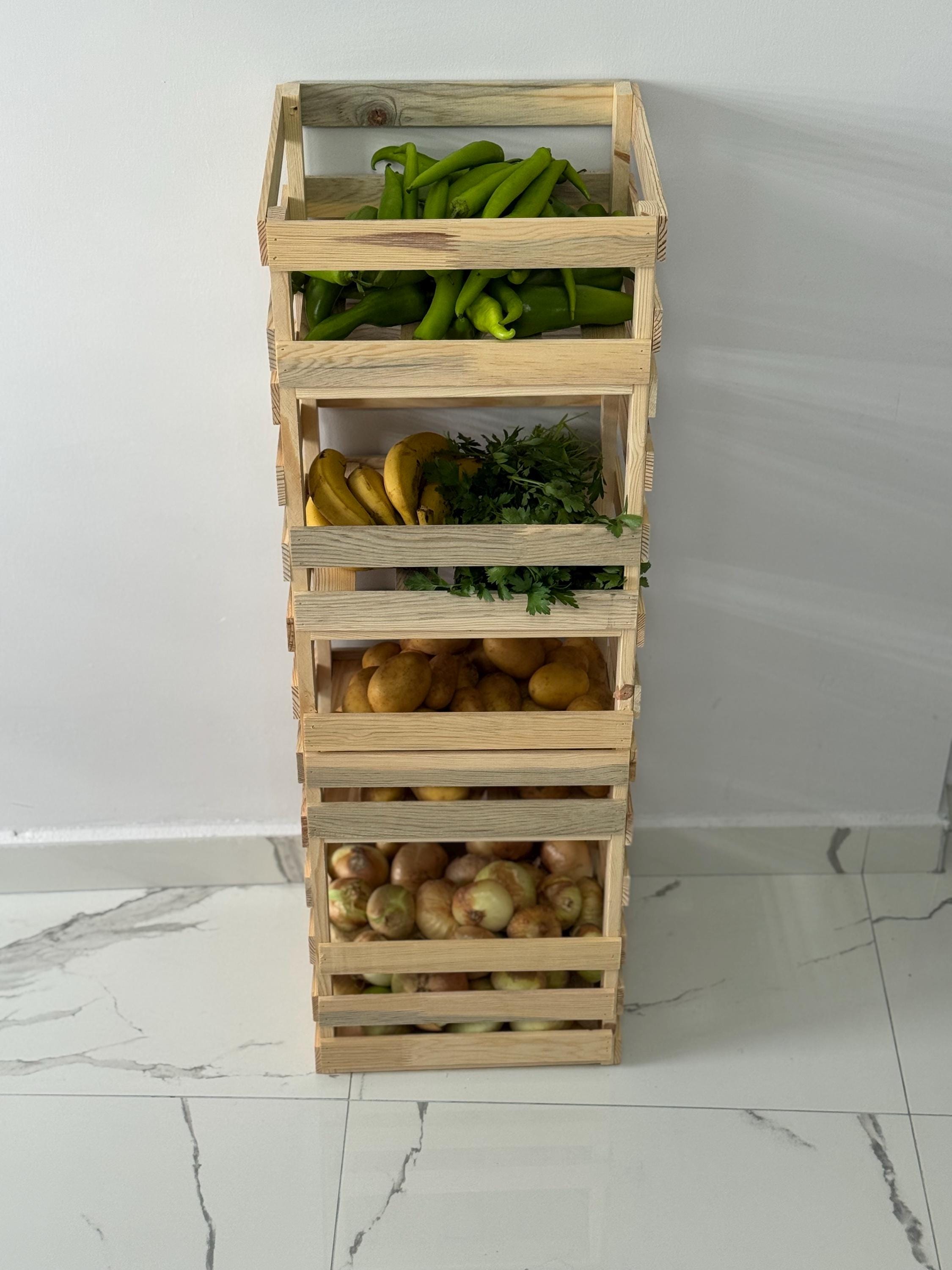 Produce Crate Rack Natural Wooden Vegetable Storage Rack – Rustic Kitchen Organizer ...