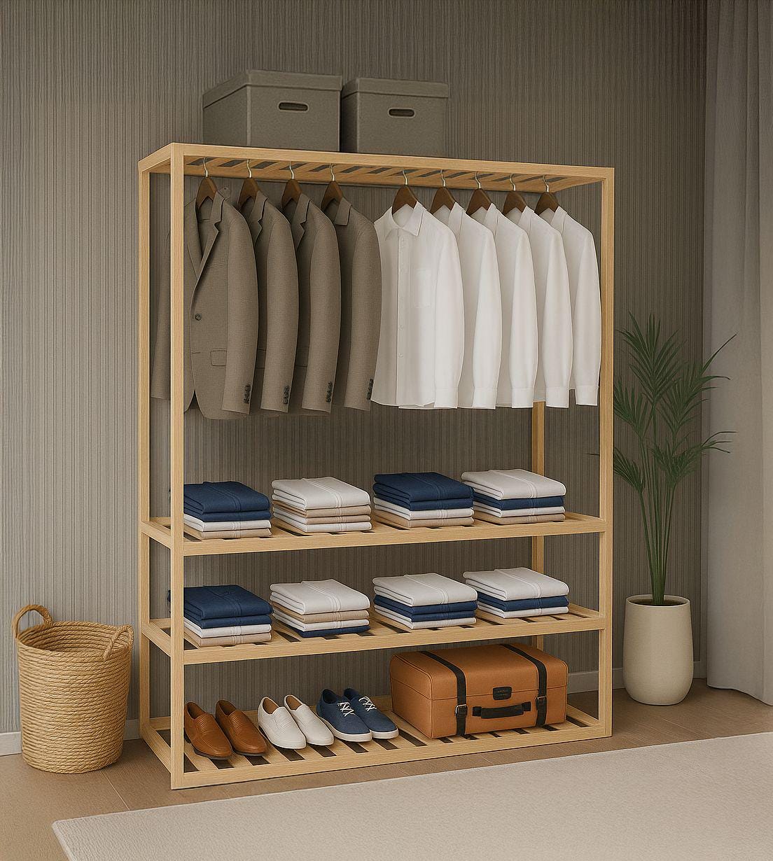 Organizador de guarda-roupa aberto de madeira – Cabideiro multifuncional e prateleira de armazenamento para espaço de armário de quarto