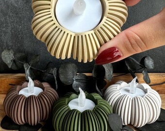 Pumpkin Tealight Holder with LED | Japandi Autumn Decor | Modern Pumpkin Candle Holder | 3D Print | Autumn Decor | LED Tealight Not Included