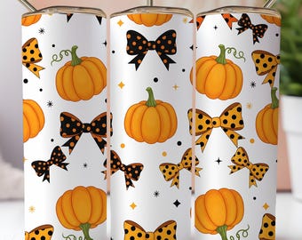 Coquette Halloween tumbler wrap, 20 oz Skinny Tumbler Sublimation Design, Halloween Bows And Pumpkins Tumbler Wrap, PNG Digital Download