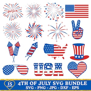May include: A digital collection of 15 patriotic graphics featuring red, white, and blue fireworks, the American flag, a peace sign, rockets, a map of the USA, a top hat, sunglasses, the text USA, and a heart, all with stars and stripes patterns.