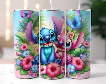 3d Angel and Stitch 20 Oz skinny Tumbler Wrap, Stitch Sublimation tumbler design, Cute Stitch Images, Digital Download file, Stitch Wrap