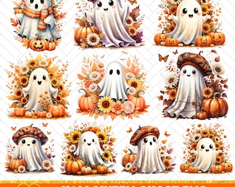 Watercolor Cute Halloween Ghost png Clipart Bundle, Spooky Vibes Png, Cute Ghost, Sublimation Design, Fall Png, Pumpkins, Digital Download