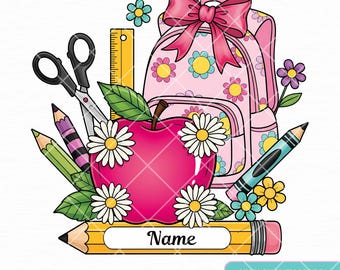 カスタム名入り新学期 PNG、新学期初日 PNG、先生とリンゴの絵の具 PNG、生徒と先生の鉛筆の絵の具 PNG、コケットリボン、カスタム先生の絵の具 PNG