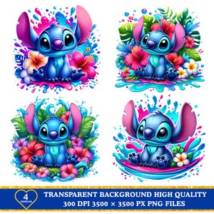 4 imágenes prediseñadas de Stitch, Lilo y Stitch, Stitch floral PNG, sublimación de alta calidad de 300 dpi, impresión de arte mural, diseño de camisetas, descarga digital