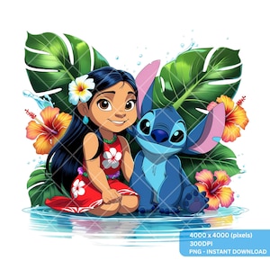 Lilo Stitch Summer Vibes Watercolor Splash Png, Stitch Floral Png,Cartoon Rainbow Aesthetic,300Dpi High Resolution PNG, png Digital Download