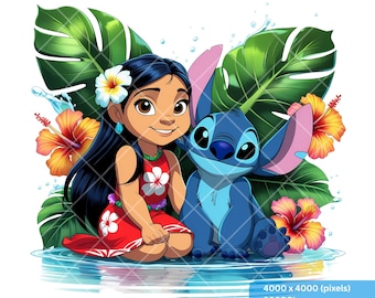 Lilo & Stitch Summer Vibes Acquerello Splash Png, Stitch Floreale Png, Cartone Animato Arcobaleno Estetico, PNG ad Alta Risoluzione 300 Dpi, Download Digitale PNG