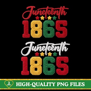 Op de afbeelding: Een digitaal grafisch ontwerp met het woord Juneteenth in scriptlettertype boven het getal 1865. De bovenste versie gebruikt rode tekst en gele, groene en rode cijfers. De onderste versie gebruikt witte tekst en gele, groene en rode cijfers.