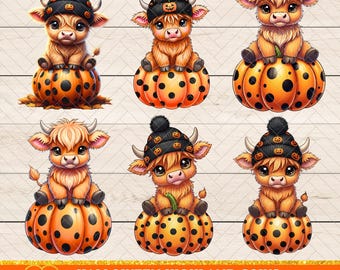 Cute Halloween Highland Cow Png clipart bundle, Pumpkin png,Spooky Highland Cow,Kids Halloween Clipart,Halloween Lovers Png,Digital Download