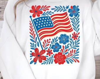 Floral American Flag PNG, Patriotic 4th of July png, T Shirt Sublimation Design, Red White and Blue Boho Flowers PNG, Independence Day PNG