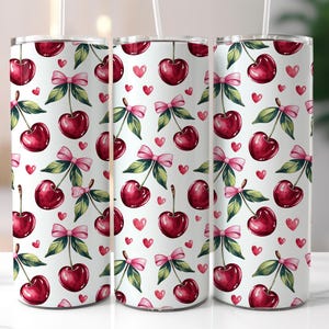 Cherry Bow Valentine Tumbler Wrap, Pink Bow 20oz Skinny Sublimation Design Romantic Watercolor Hearts tumbler wrap,Digital Download png file