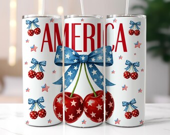 America Cherries Coquette 20oz Skinny Tumbler Wrap, USA Cherry Bow Flag Trendy Cute 4th of July Tumbler Sublimation Design, Digital Download