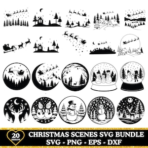 Może przedstawiać: Kolekcja 20 czarno-białych wzorów SVG o tematyce świątecznej. Projekty obejmują sylwetki sań Świętego Mikołaja, kule śnieżne, bałwany, jelenie i zimowe krajobrazy. Tekst na dole brzmi "CHRISTMAS SCENES SVG BUNDLE SVG - PNG - EPS - DXF".