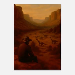 Stampa artistica "Cowboy che osserva i dinosauri" - Scena surreale nel deserto all'ora d'oro. Poster su carta opaca premium.