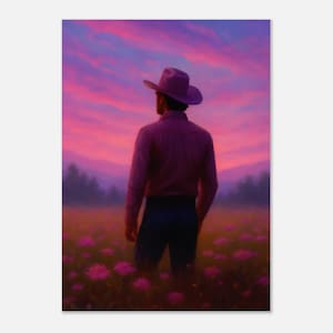 Stampa artistica "Lover Era Cowboy" - Scena floreale western con tramonto rosa e viola. Poster su carta opaca premium.