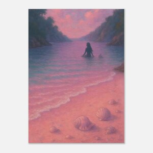 Stampa artistica "Lover Era Mermaid" - Tramonto sull'oceano rosa e viola con conchiglie. Poster su carta opaca premium.