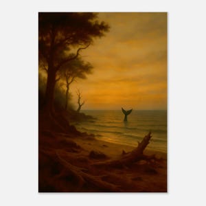 Lámina artística "Cola de sirena al atardecer": Arte mural de fantasía oceánica de ensueño / Escena costera surrealista / Impresiones de otros lugares. Póster de papel mate premium.