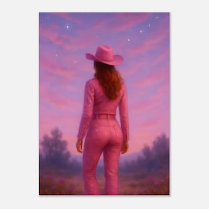 Lover Era Cowgirl Kunstdruck – Pinke Western Szene mit Sternenhimmel. Premium Matte Papier Poster