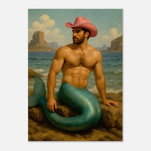 Stampa artistica Cowboy Tritone - Arte murale surreale fantasy western con cappello da cowboy rosa. Poster su carta opaca di alta qualità.