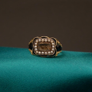 Antique Georgian Mourning Ring | Enamel, Hairwork & Seed Pearls | 9ct Gold | 1831