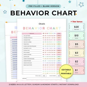 Puede incluir: Un gráfico de comportamiento imprimible con colores pastel y el texto "BEHAVIOR CHART". Incluye un "+ bono gratis" de dinero de recompensa imprimible. Disponible en tamaños A4 y US Letter, con inicios de domingo y lunes.