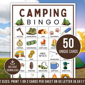 May include: A Camping Bingo game with 50 unique cards. The game features camping-themed illustrations such as a tent, hatchet, hiking boots, logs, compass, sleeping bag, camp chair, backpack, camper, rope, fishing rod, and camp stove. The text reads "Instant Download".