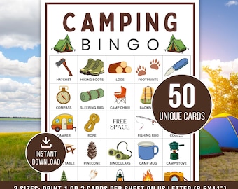 Camping Bingo, 50 Camping Bingo Cards, Camping Bingo Game, Printable Camping Activity for kids, Camping Party Game, Summer Camp Activity
