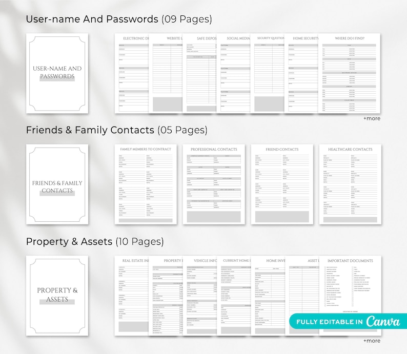 End of life organizer with medical history, emergency contacts and healthcare information tracker
