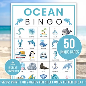 May include: A printable "Ocean Bingo" game card with a blue and white design. The card features illustrations of marine life, including a shark, whale, and turtle. The text "Ocean Bingo" and "50 Unique Cards" are displayed. The card is designed to print on US Letter (8.5x11") paper.