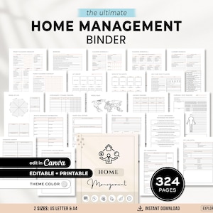 Peut inclure: Ensemble de pages de classeur de gestion de maison imprimables avec le texte "HOME MANAGEMENT BINDER". Les pages comprennent des listes de contrôle, des calendriers, des trackers, etc. Le design est dans des tons neutres avec le texte "EDITABLE + PRINTABLE". Le classeur contient 324 pages.