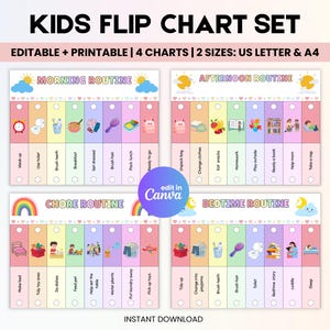 May include: A colorful kids' flip chart set with four charts: Morning, Afternoon, Chore, and Bedtime routines. Each chart features illustrated tasks with checkboxes. The set includes US Letter and A4 sizes. The text "KIDS FLIP CHART SET" is at the top.