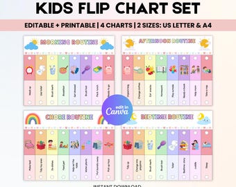 Afdrukbare flip-over voor kinderen, bewerkbare flip-over 's ochtends en' s avonds voor het slapengaan, visueel schema voor kinderen, takenlijst voor peuters Canva-sjabloon pdf