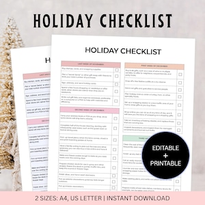 Puede incluir: Dos listas de verificación de vacaciones imprimibles con un encabezado rosa y listas con viñetas. Las listas de verificación incluyen tareas para la última semana de noviembre y la primera semana de diciembre. El texto "HOLIDAY CHECKLIST" está en la parte superior. La parte inferior de la imagen dice "2 TAMAÑOS: A4, US LETTER | DESCARGA INSTANTÁNEA".