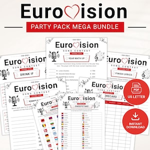 Puede incluir: Un mega paquete de fiesta para el Festival de la Canción de Eurovisión, con varias hojas de juego con el logotipo de Eurovisión, un micrófono y notas musicales. Incluye una tarjeta de puntuación, un sorteo y otros formatos de juego. El paquete está disponible como PDF en tamaño US Letter.