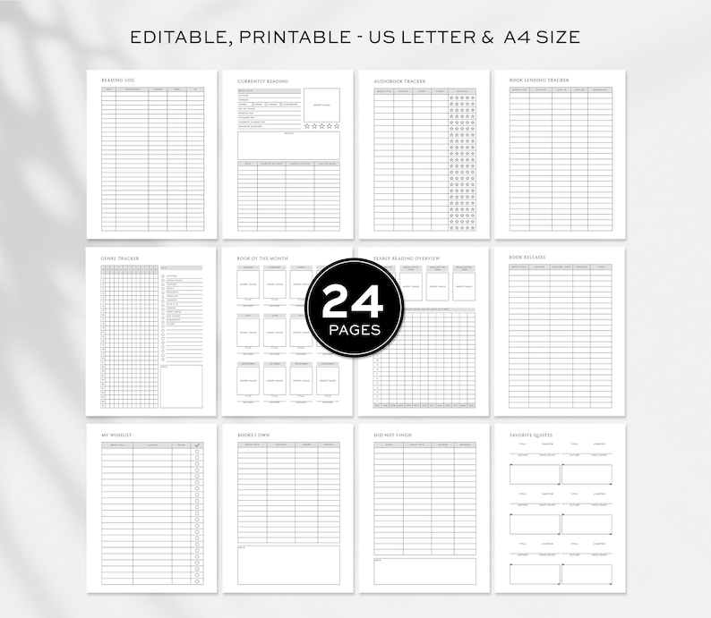 Editable Book Reading Journal,  Printable Reading Planner Bundle,  Book Trackers & Logs, Reading Challenge, Book Review Monthly Yearly, Canva Template