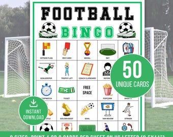 Voetbalbingo, 50 afdrukbare voetbalbingokaarten, voetbalbingogames, voetbalfeestspel, voetbalactiviteit, klasbingospel voor kinderen