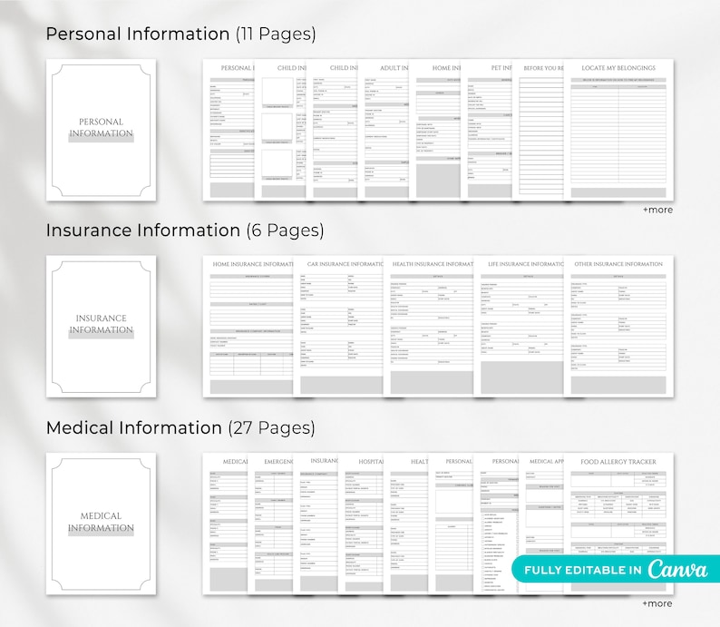 Estate planning binder printable with financial records, insurance information and asset tracking pages