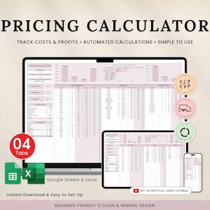 Könnte beinhalten: Ein digitaler Preiskalkulator, der auf einem Tablet, einem Laptop und einem Smartphone angezeigt wird. Das Bild enthält den Text "PRICING CALCULATOR" und "TRACK COSTS & PROFITS • AUTOMATED CALCULATIONS • SIMPLE TO USE". Zusätzliche Symbole und Text weisen auf die Kompatibilität mit Google Sheets und Excel hin.