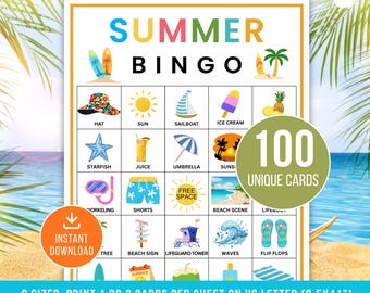 Zomerbingo, 100 zomerbingokaarten, afdrukbaar zomerspel, zomerbingo voor kinderen, zomerspel, zomeractiviteit, vakantiebingo voor kinderen