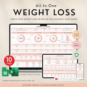 Op de afbeelding: Digitale gewichtsverlies tracker met een strak, minimalistisch ontwerp. De afbeelding toont een tablet, telefoon en andere apparaten die gewichtsverlies in kilogrammen weergeven. Inclusief 10 tabbladen, Google Sheets & Excel compatibiliteit en een volledige video tutorial.