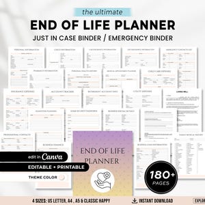 May include: A printable End of Life Planner with 180+ pages, designed as a Just In Case Binder or Emergency Binder. The planner includes sections for personal information, child care expenses, and more. The cover features the text "End of Life Planner".