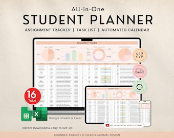 Student Planner Spreadsheet Excel Google Sheets Academic Planner Assignment Calendar College Class Study Planner To-do List Budget Tracker