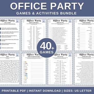 Puede incluir: Un paquete PDF imprimible de juegos y actividades para fiestas de oficina. El diseño incluye varias hojas de juego con títulos como "Roll & Share", "Which Came First" y "Never Have I Ever". El paquete incluye más de 40 juegos y tiene un tamaño US Letter.